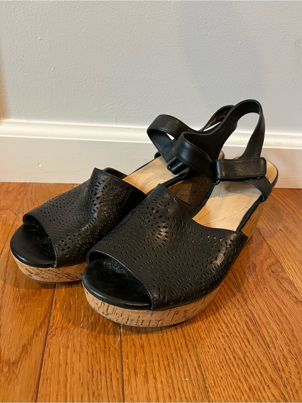 Clarks "Maritsa Nila" Perforated Leather Cork Wedge Sandals - Picture 2 of 11
